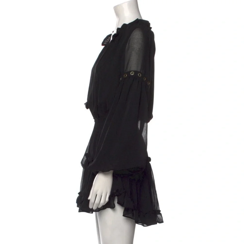 Misa Los Angeles Black Long Sleeve Smocked Ruffle Mini Dress w Gold Details Sz S - Picture 6 of 7